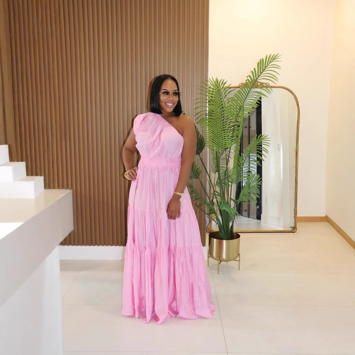 Spring Summer Linen Women Clothing Solid Color Slant Shoulder Maxi Dress