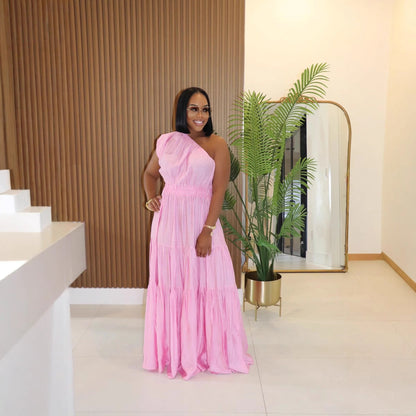 Spring Summer Linen Women Clothing Solid Color Slant Shoulder Maxi Dress