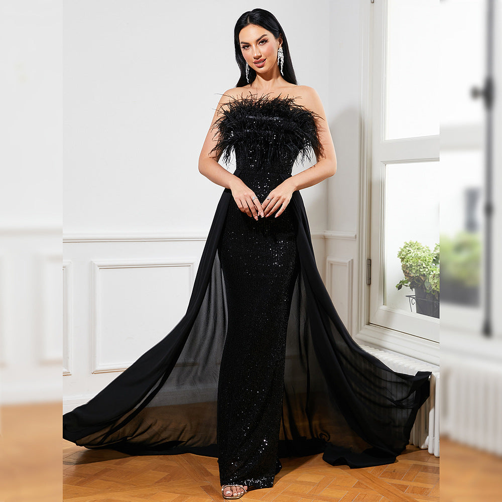 Sexy Long Sequined Sleeveless Feather Wrapped Chest Backless Cocktail Evening Dress Bridesmaid Bodycon Maxi Dress Women by Ragazza