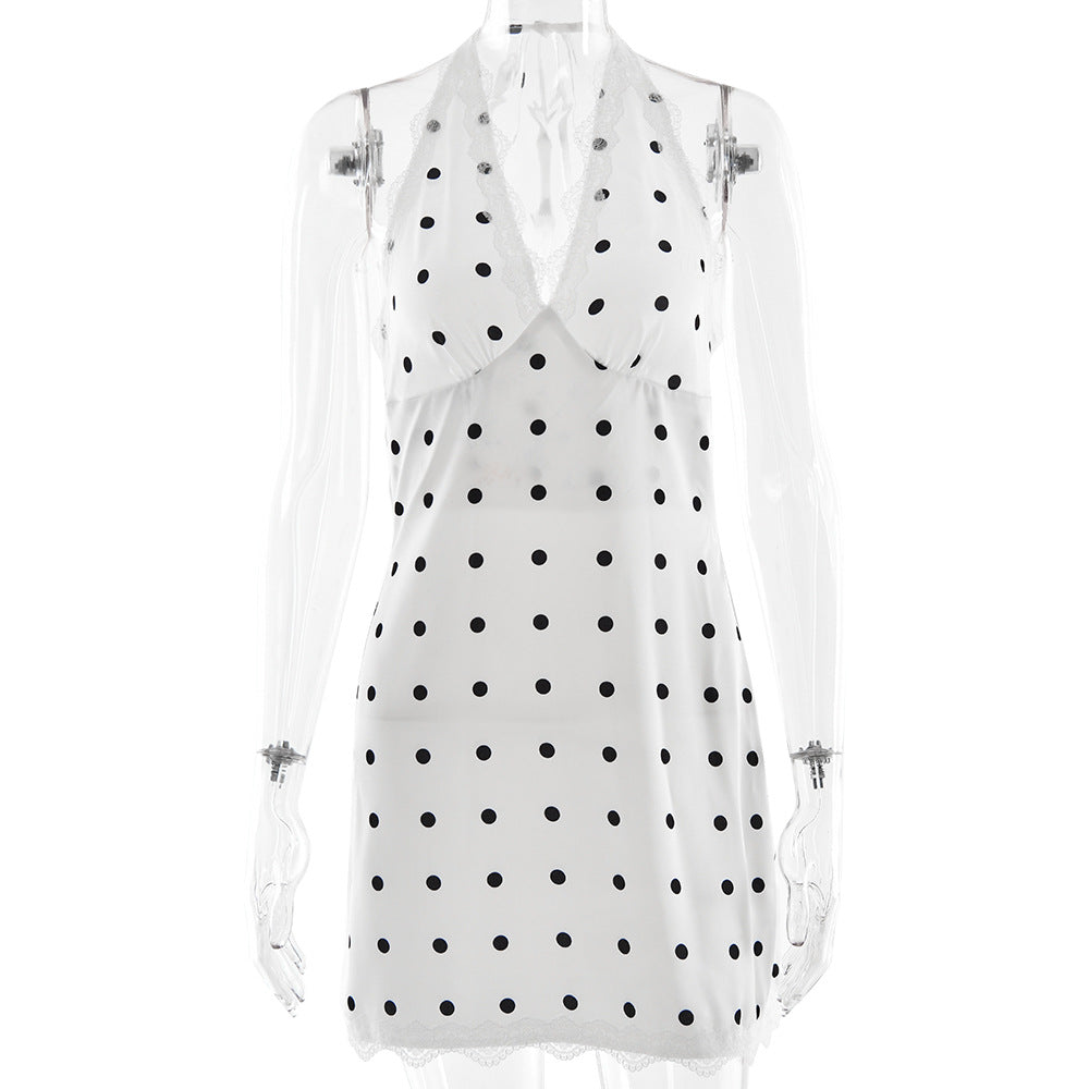 Summer Satin Polka Dot Cinched Dress Halter Lace Sleeveless Backless Sheath Dress by Ragazza