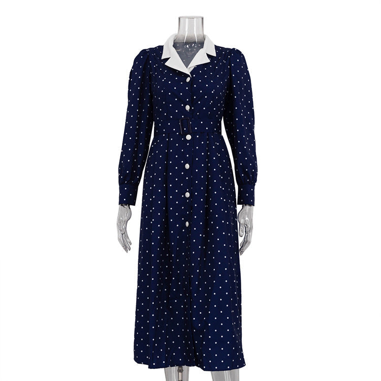 Women Clothing Elegant Polka Dot Dress Collared Long Sleeve Single Breasted High Waist Office Dress by Ragazza