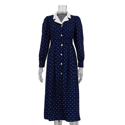 Women Clothing Elegant Polka Dot Dress Collared Long Sleeve Single Breasted High Waist Office Dress by Ragazza