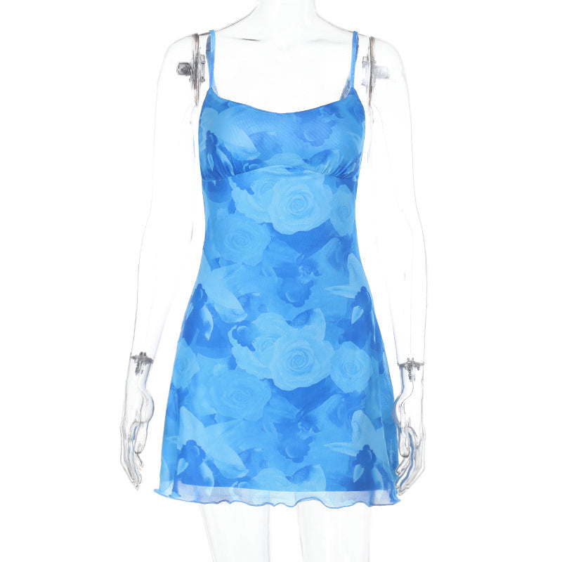 Summer Waist Controlled Hip Dress Mesh Printing Slip Dress by Ragazza