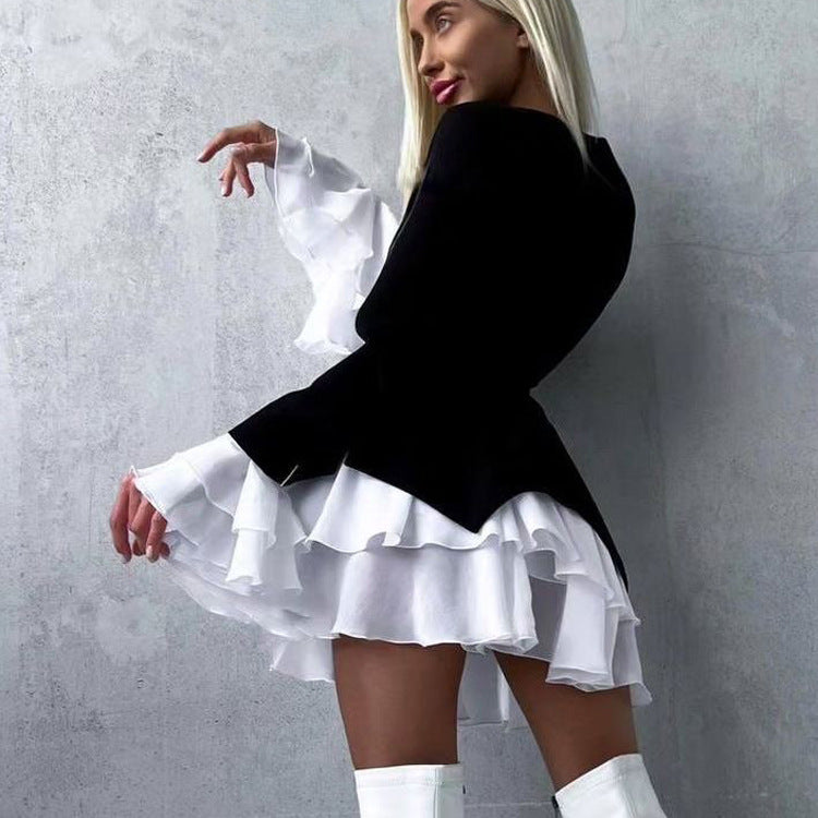 Women Clothing Black White Color Contrast Short Dress V neck Flared Sleeves Elegant A line Dress by Ragazza