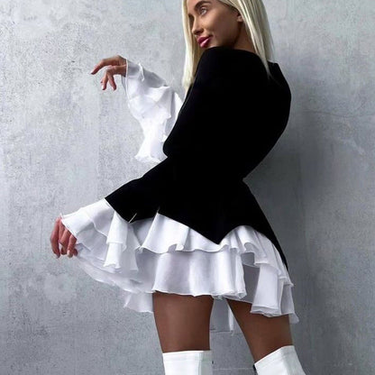 Women Clothing Black White Color Contrast Short Dress V neck Flared Sleeves Elegant A line Dress by Ragazza