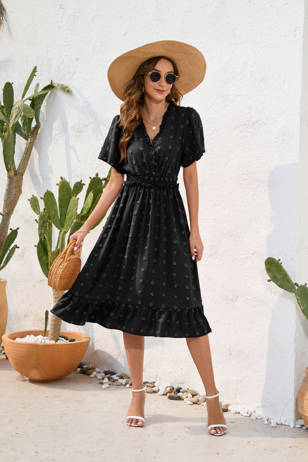 V neck High Waist Tied Dress Fur Ball Short Sleeve Dress Casual Vacation Travel Dress by Ragazza