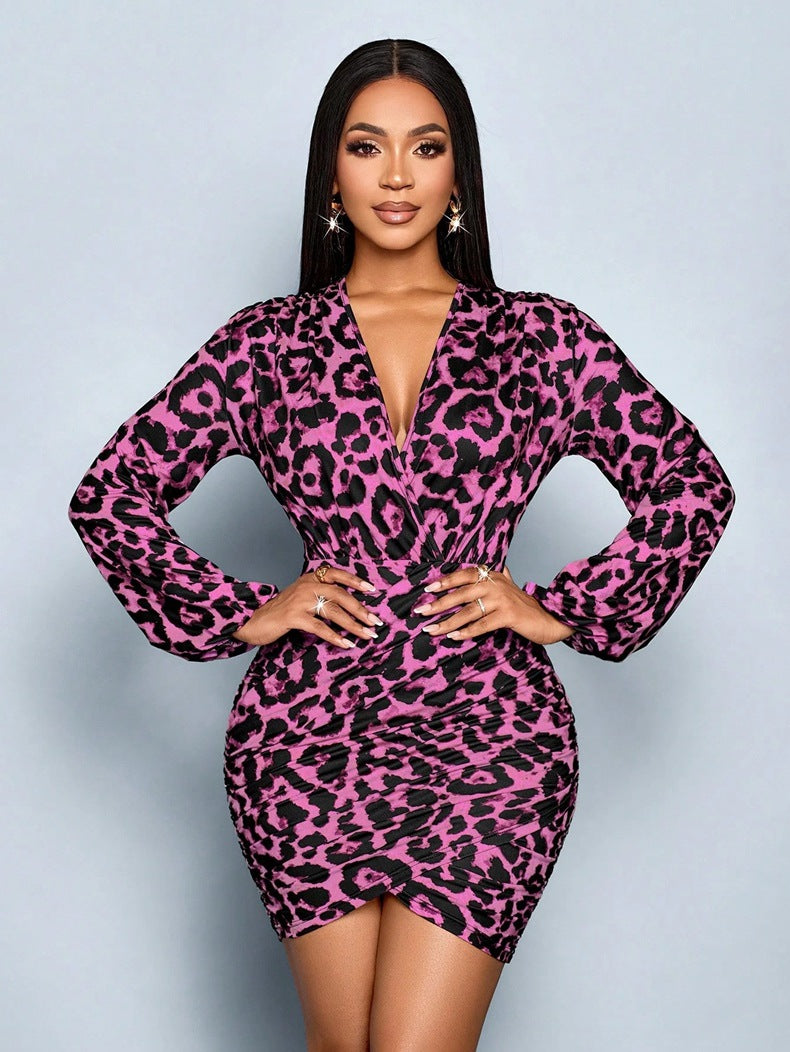 Women Clothing Autumn Winter Leopard Print Long Sleeve Dress Sexy Printed Satin Dress by Ragazza