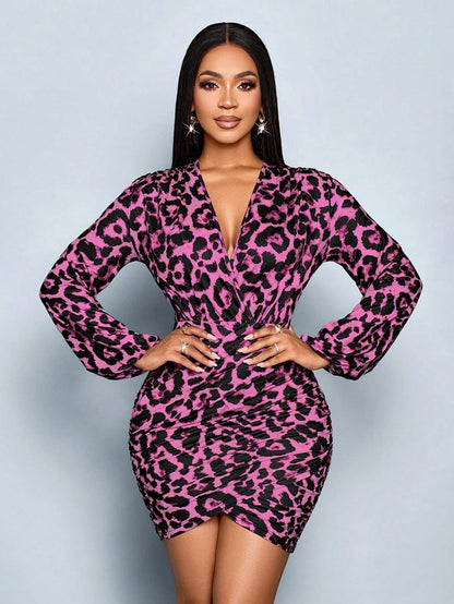 Women Clothing Autumn Winter Leopard Print Long Sleeve Dress Sexy Printed Satin Dress by Ragazza