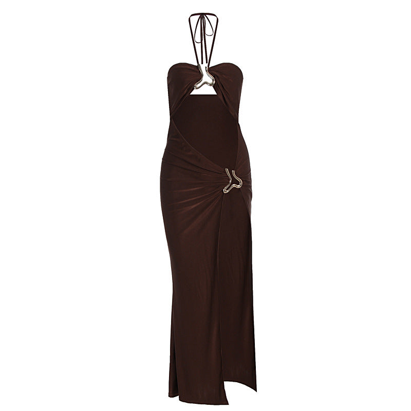 Women Clothing Summer Sexy Lace up Cutout Metal Decoration Split Dress by Ragazza