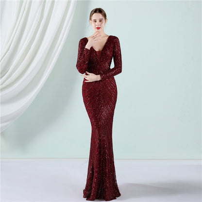 Positioning Floral Sequin Evening Dress Women Banquet Elegant Long Sleeve Sequined Queen Fishtail Dress by Ragazza