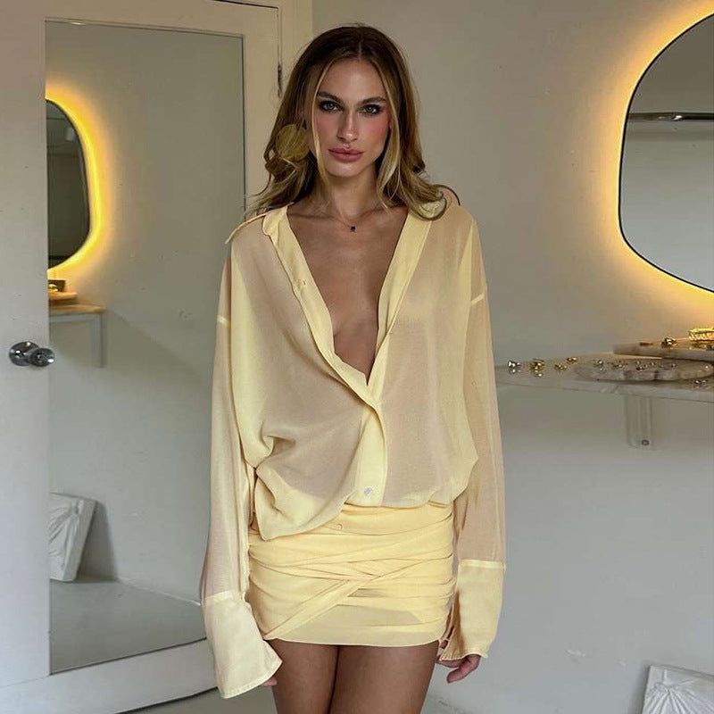 Spring Women Elegant Sexy Collared Slim Fit Sheath Lace up Shirt Dress Short Dress Women by Ragazza