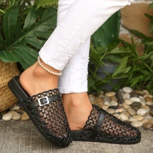 Weaving Hollow Out Cutout Thick Bottom Toe Cap Mules Slippers Women Outer Wear Breathable Belt Buckle Beach Slippers  DestGlow