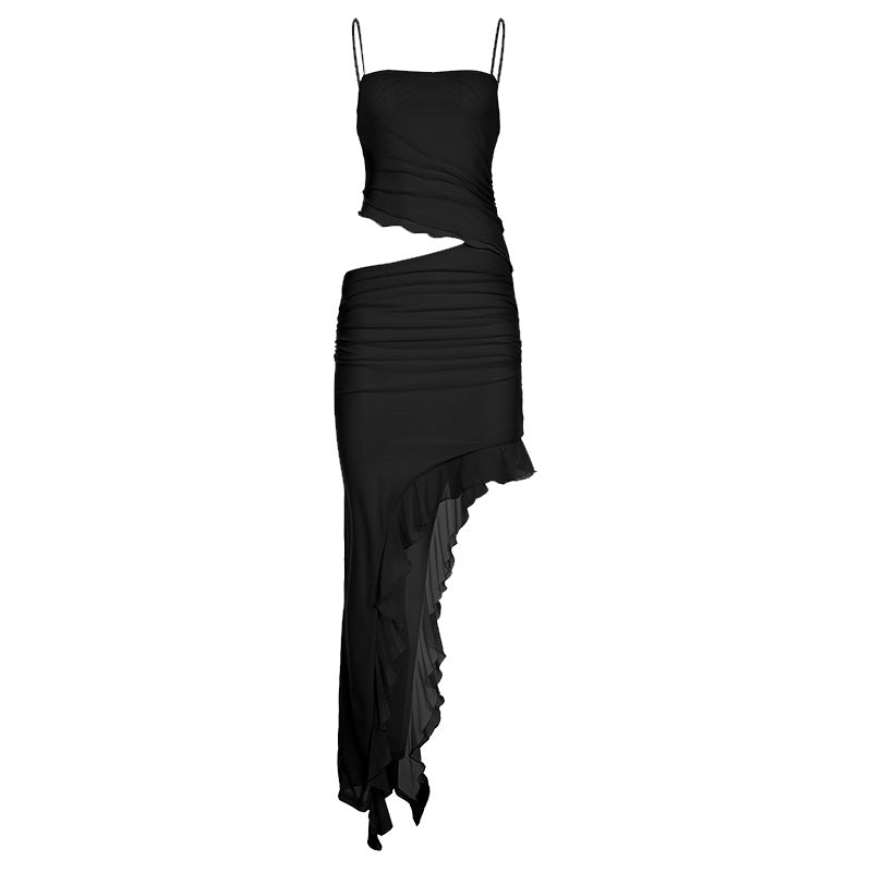 Vacation Women Clothing Cropped Outfit Ruffled Mesh Dress Irregular Asymmetric Solid Color Elegant Graceful Halter by Ragazza