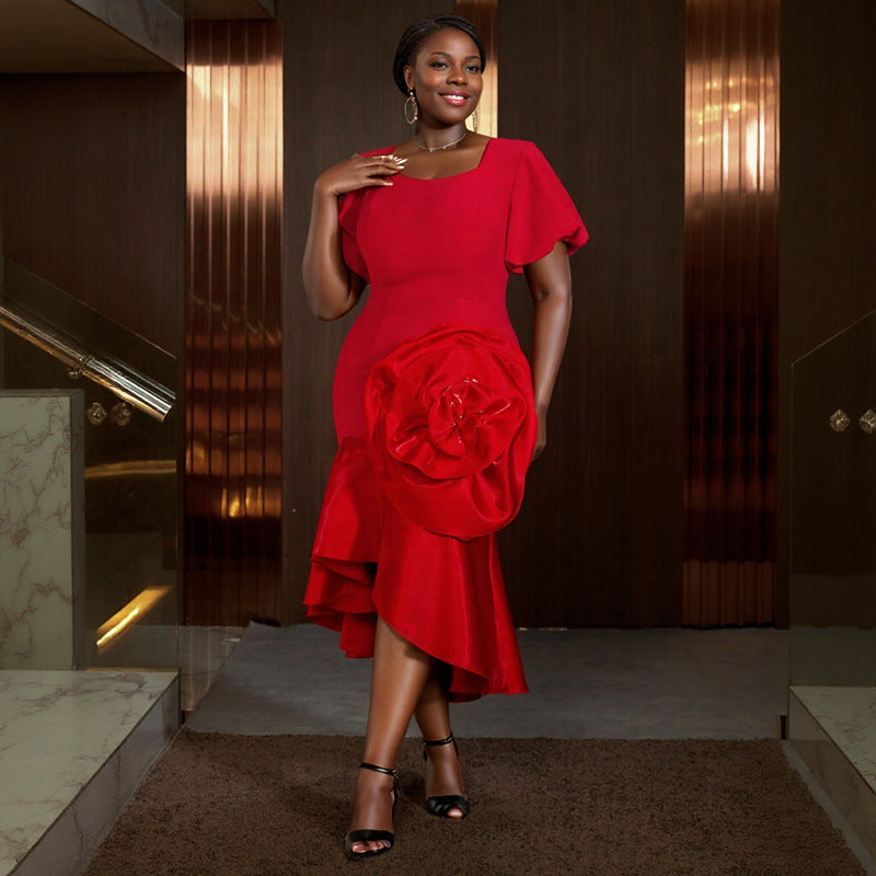 Square Collar Puff Sleeve Fishtail Dress Cocktail Party Socialite High Waist Dress by Ragazza