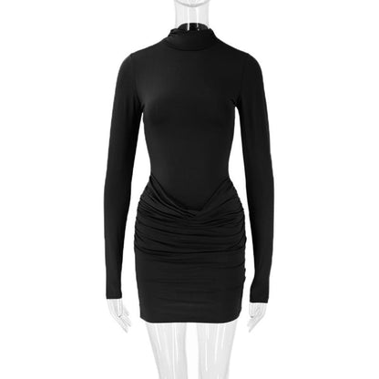 Autumn Sexy Sexy Dress Stand Collar Long Sleeve Pleated Slim Fit Niche Short Dress by Ragazza