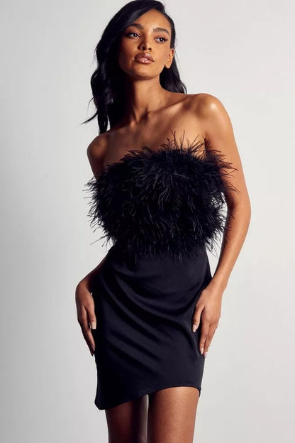 Autumn Winter Backless Dress Feather Tube Top Sexy Irregular Asymmetric Swing Dress by Ragazza