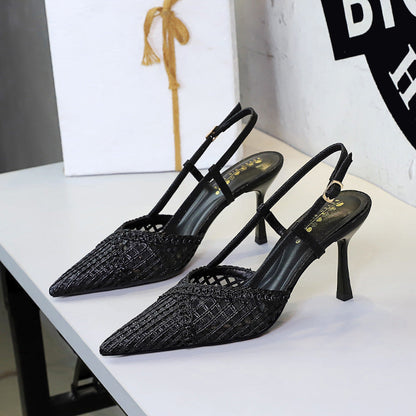 Elegant Socialite Woven Wire Mesh Hollow Out Cutout Ankle Strap Buckle Pointed Toe Stiletto Outdoor Sandals