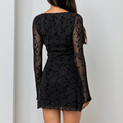 Peach Collar Waist See through Dress Autumn Sexy Long Sleeve Hip Dress by Ragazza