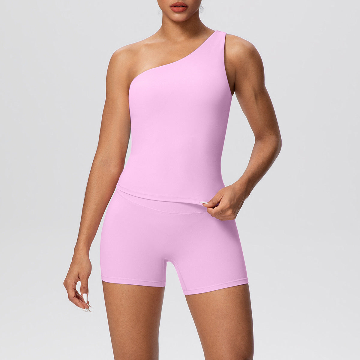 Women Solid Color Oblique Shoulder Strap Beauty Back Exercise Vest Yoga Pants Running Slim Shorts Fitness Yoga Wear Set by Ragazza