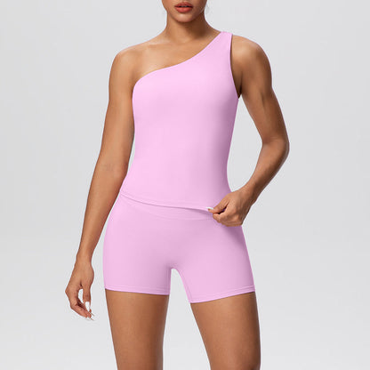Women Solid Color Oblique Shoulder Strap Beauty Back Exercise Vest Yoga Pants Running Slim Shorts Fitness Yoga Wear Set by Ragazza