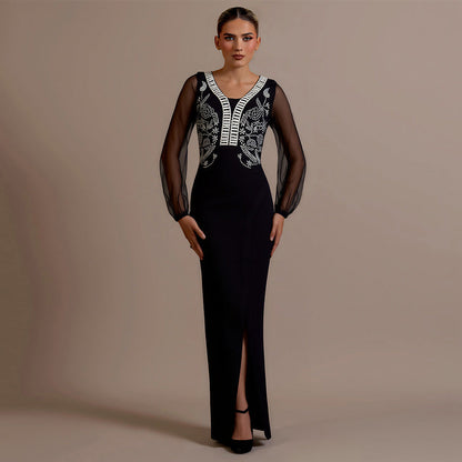 Heavy Industry Beads Drilling Sexy V neck Slit Mesh Long Sleeve Stitching Bandage One Piece Long Dress by Ragazza