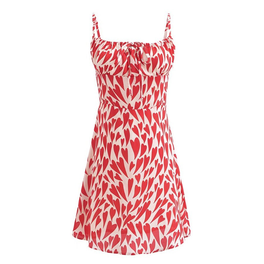 Summer Heart Shape Printed Figure Flattering Cinched Waist Lace-up Cami Dress Short Dress by Ragazza