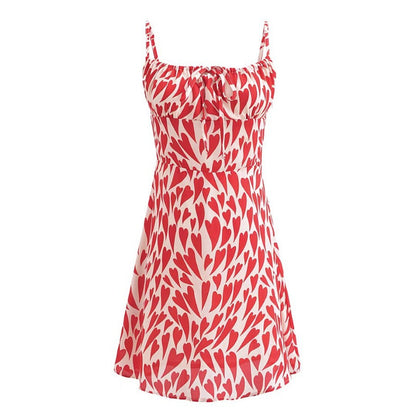 Summer Heart Shape Printed Figure Flattering Cinched Waist Lace-up Cami Dress Short Dress by Ragazza
