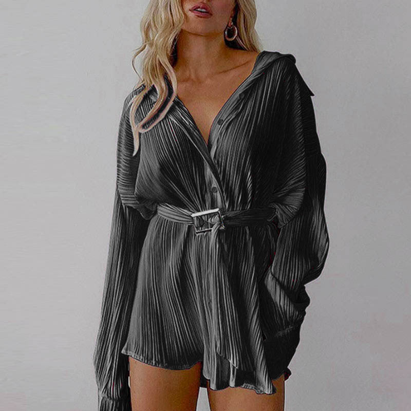 Spring Summer Popular Fashionable Pleated Long Sleeved Shirt Belt Dress by Ragazza