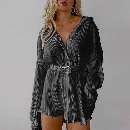 Spring Summer Popular Fashionable Pleated Long Sleeved Shirt Belt Dress by Ragazza