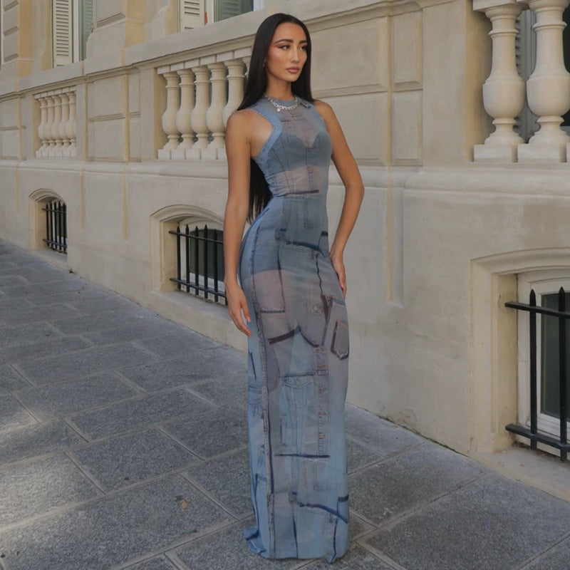 Women Clothing Micro Transparent Sexy Waist Tight Hip round Neck Maxi Dress by Ragazza