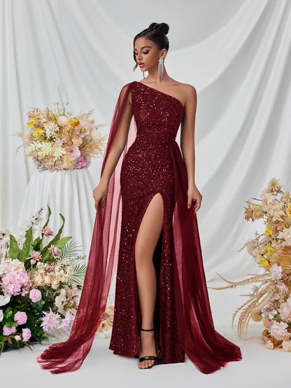 Shoulder Sequined Evening Dress Mesh Ribbon High Slit Design the Dinner Party Stage Maxi Dress by Ragazza