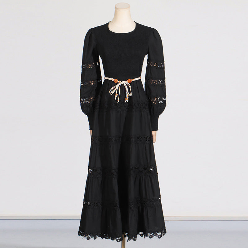 High Grade Dress Spring Hollow Out Cutout out Tied Solid Color Waist Tight Slimming Dress Women by Ragazza