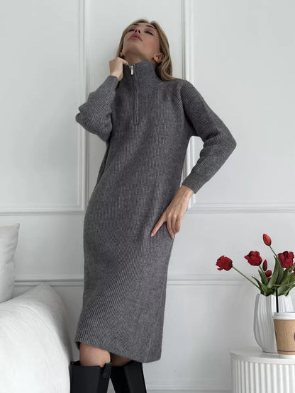 Turtleneck Half Zipper Woolen Dress Women Autumn Winter Loose Inner Wear Base Knitting Dress by Ragazza