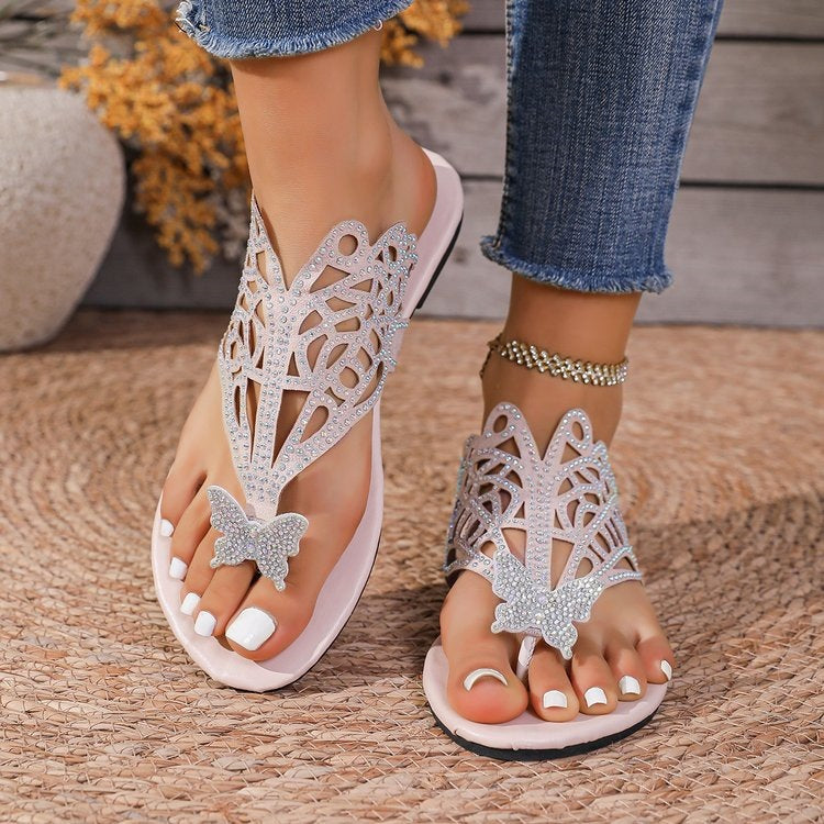Rhinestone Butterfly Flat Sandals Women Outer Wear Bohemian Seaside Beach Slippers  DestGlow