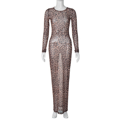 Women Wear Summer Sexy Mesh Floral Print See through Slim Fit Long Sleeve Dress by Ragazza