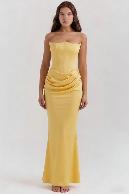 Dress Elegant Sexy Waist Trimming Tube Top Boning Corset Pleated Satin Sheath Dress  DestGlow