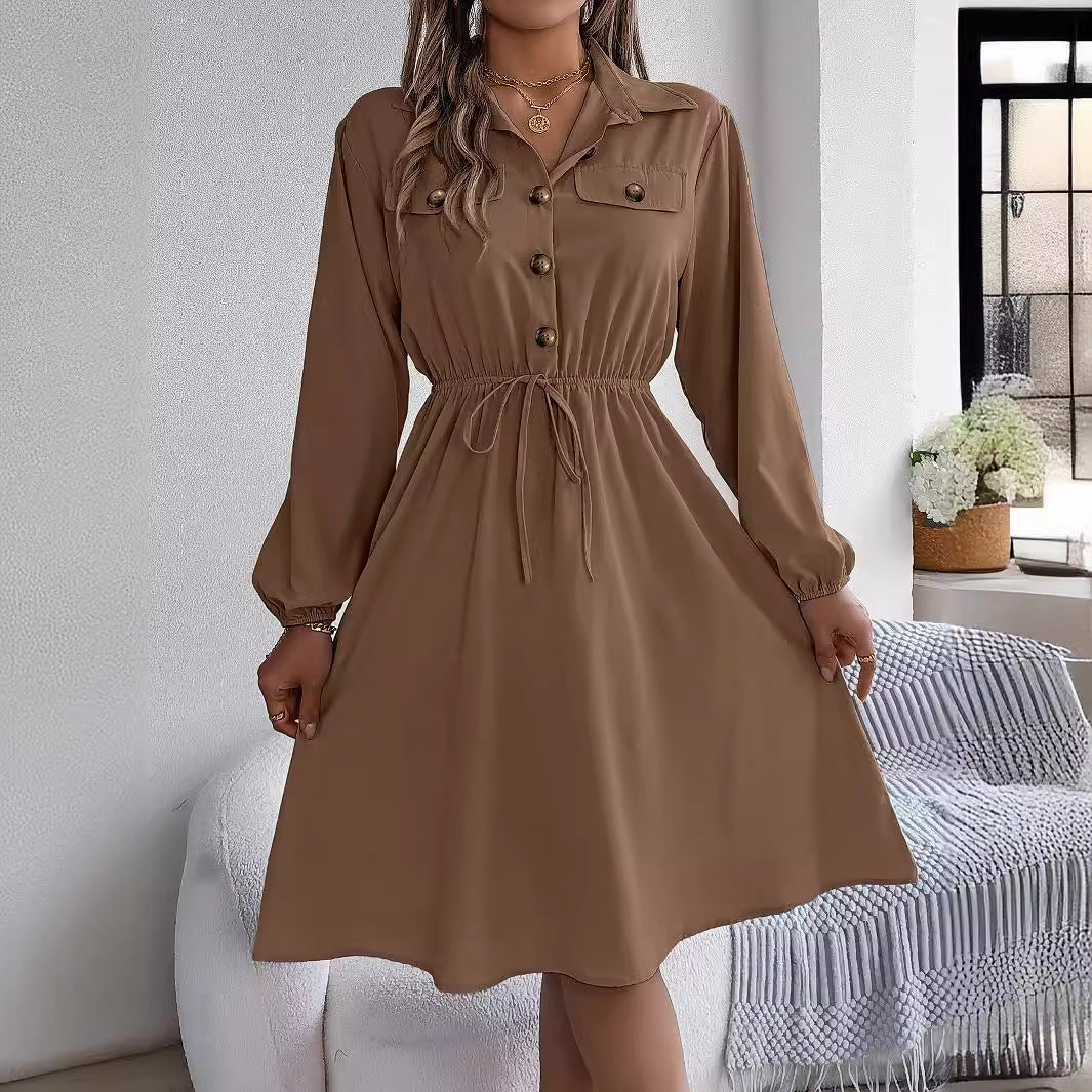 Real Shot Autumn Winter Casual Button Lace up Waist Controlled Long Sleeves Shirt Dress Women Clothing by Ragazza