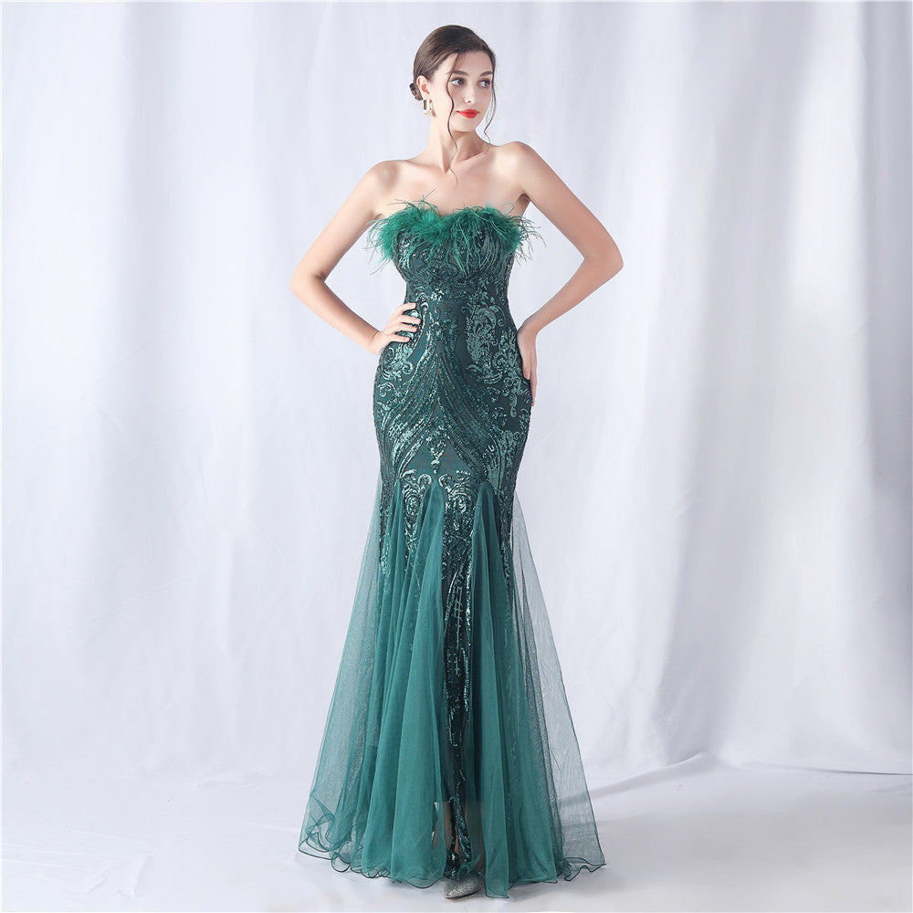 Ostrich Feather Positioning Floral Cutting Wedding Annual Meeting Tube Top Sequin Gauze Evening Dress by Ragazza