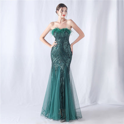 Ostrich Feather Positioning Floral Cutting Wedding Annual Meeting Tube Top Sequin Gauze Evening Dress by Ragazza