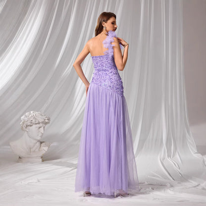 Evening Dress Group Women Solid Color Slim Fit Petals Shoulder Strap Chest Wrapped Dress by Ragazza