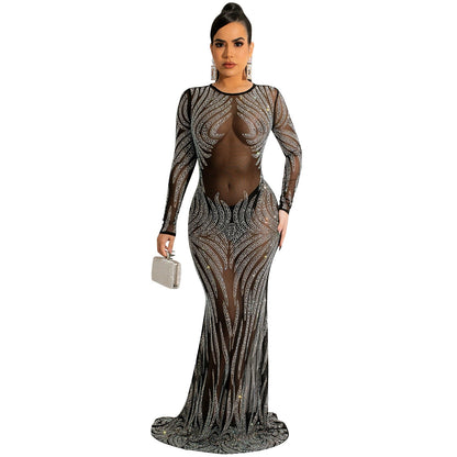 Night Club Sexy Rhinestone Mesh See through Long Sleeve Dress Dress Women by Ragazza