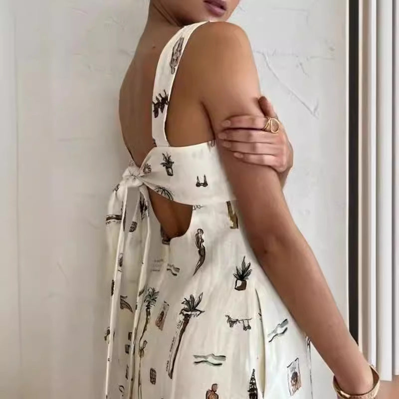 Bow Bandage Summer Maxi Dress Women Cothing Printed Sleeveless Office Long Suspender Amplified craft by Ragazza