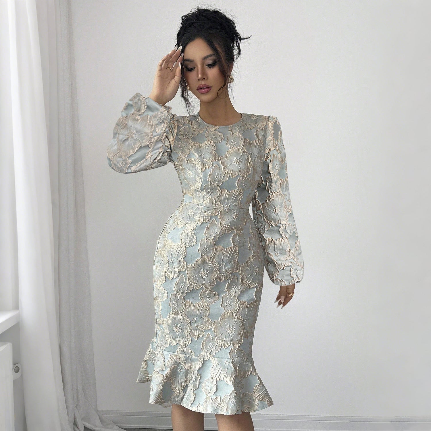 Printed Dress Spring Autumn Lantern Sleeve Fishtail round Neck Elegant Slim Fit Dress by Ragazza