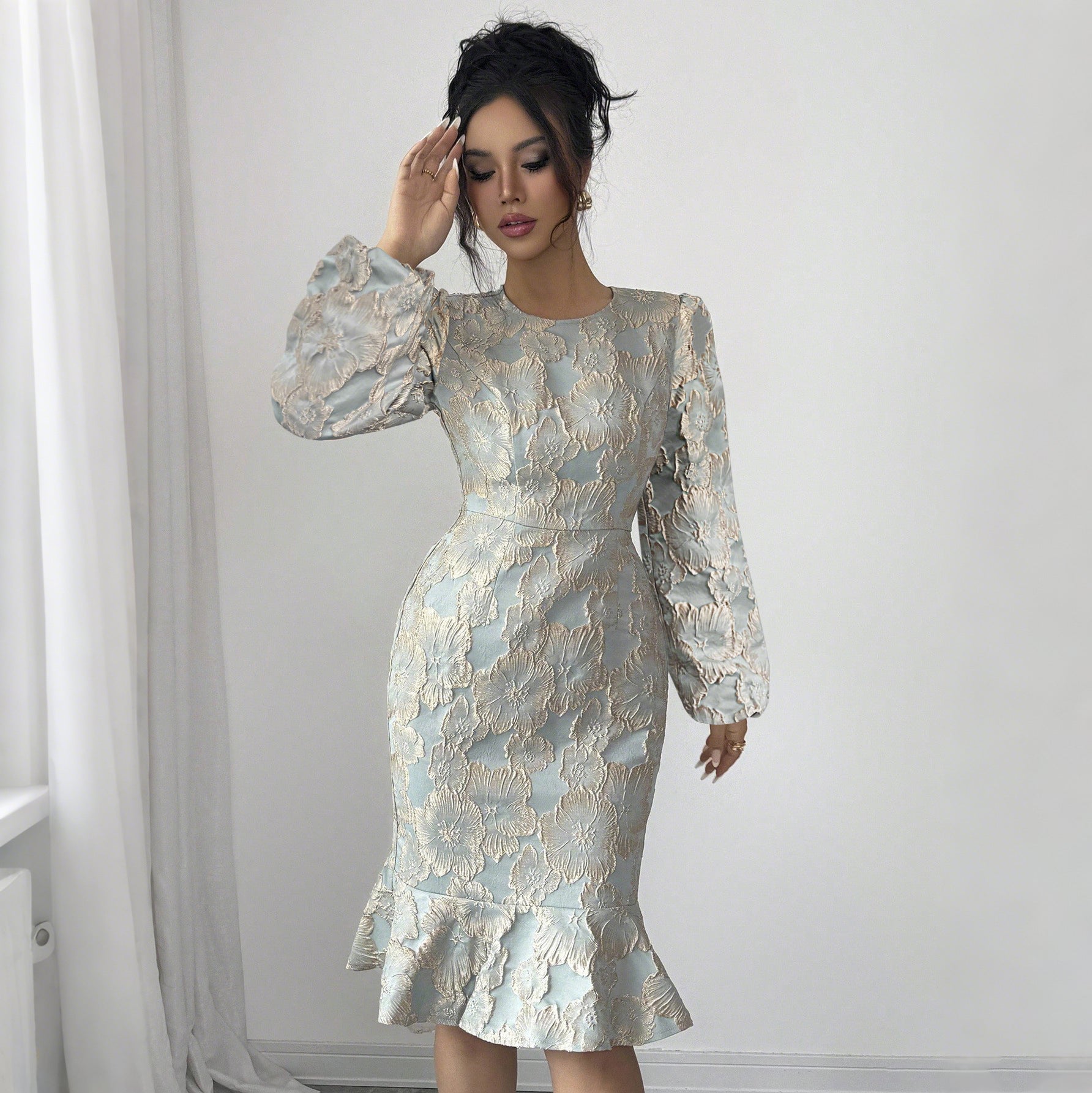 Printed Dress Spring Autumn Lantern Sleeve Fishtail round Neck Elegant Slim Fit Dress by Ragazza