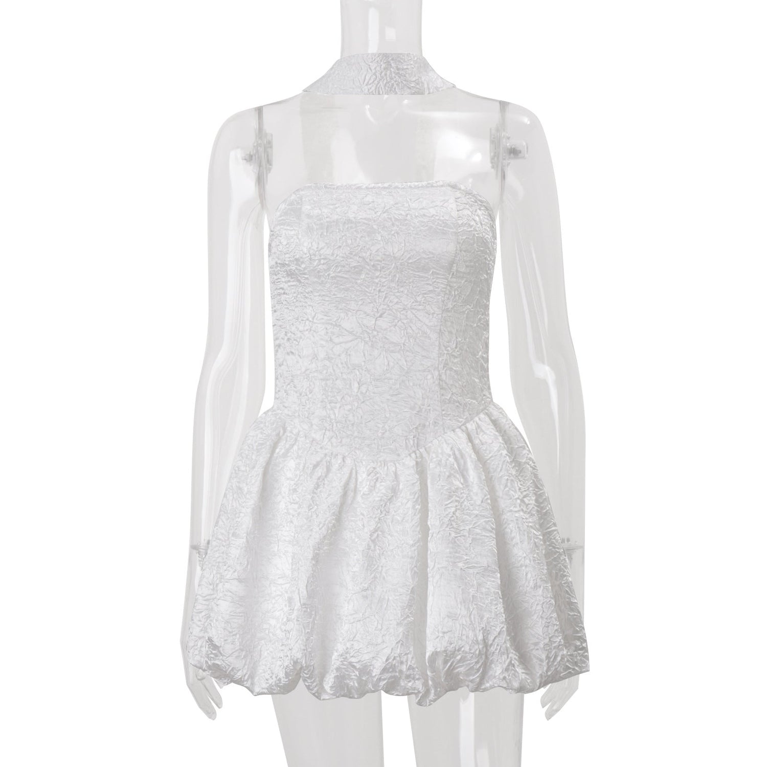 Women Clothing Autumn French Sexy Tube Top Dress Ribbon Fitted Waist Bubble Short Dress by Ragazza