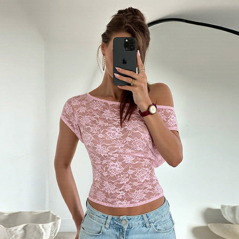 Women Clothing Winter Sexy Slim Hollow Out Cutout Lace Diagonal Collar Tight T shirt Sheer Top by Ragazza