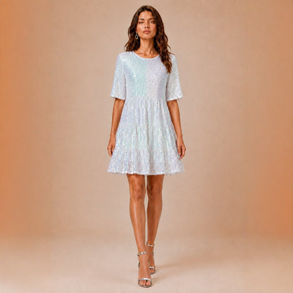 Sequined Short Sleeve A line Dress Cocktail Women Short Dress  DestGlow