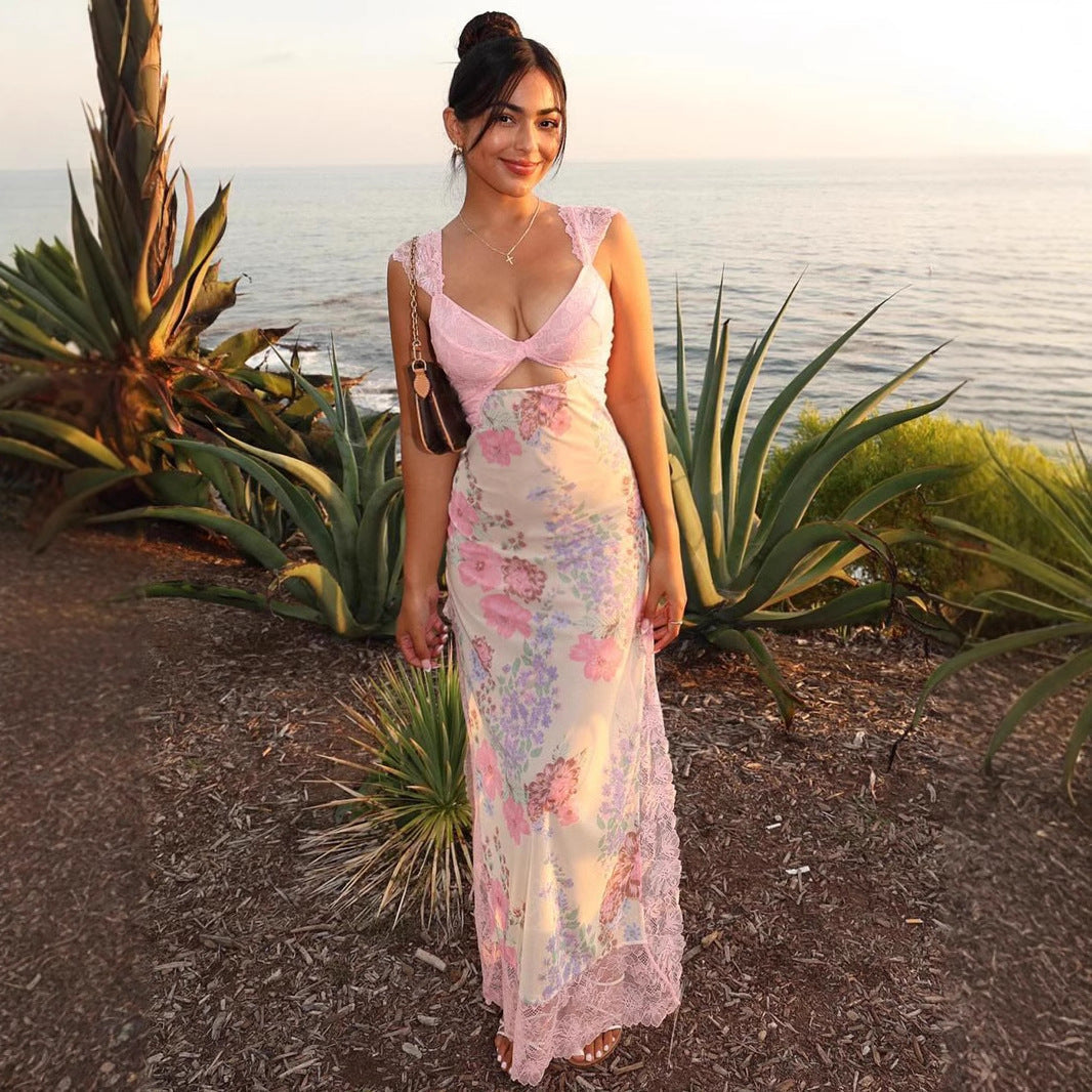 Vacation Sexy Lace Stitching Printed Irregular Asymmetric Slit Cutout Sling Dress Beach Dress by Ragazza