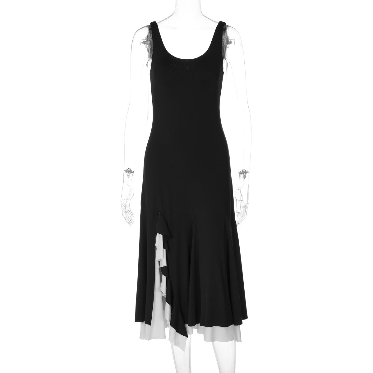 Women Clothing U Neck Sleeveless Ruffled Furcal Lower Hem Tight Dress