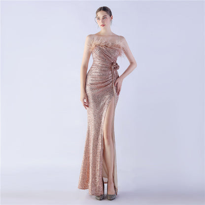 Ostrich Hair Craft Floral Wedding Annual Meeting High End Evening Dress by Ragazza